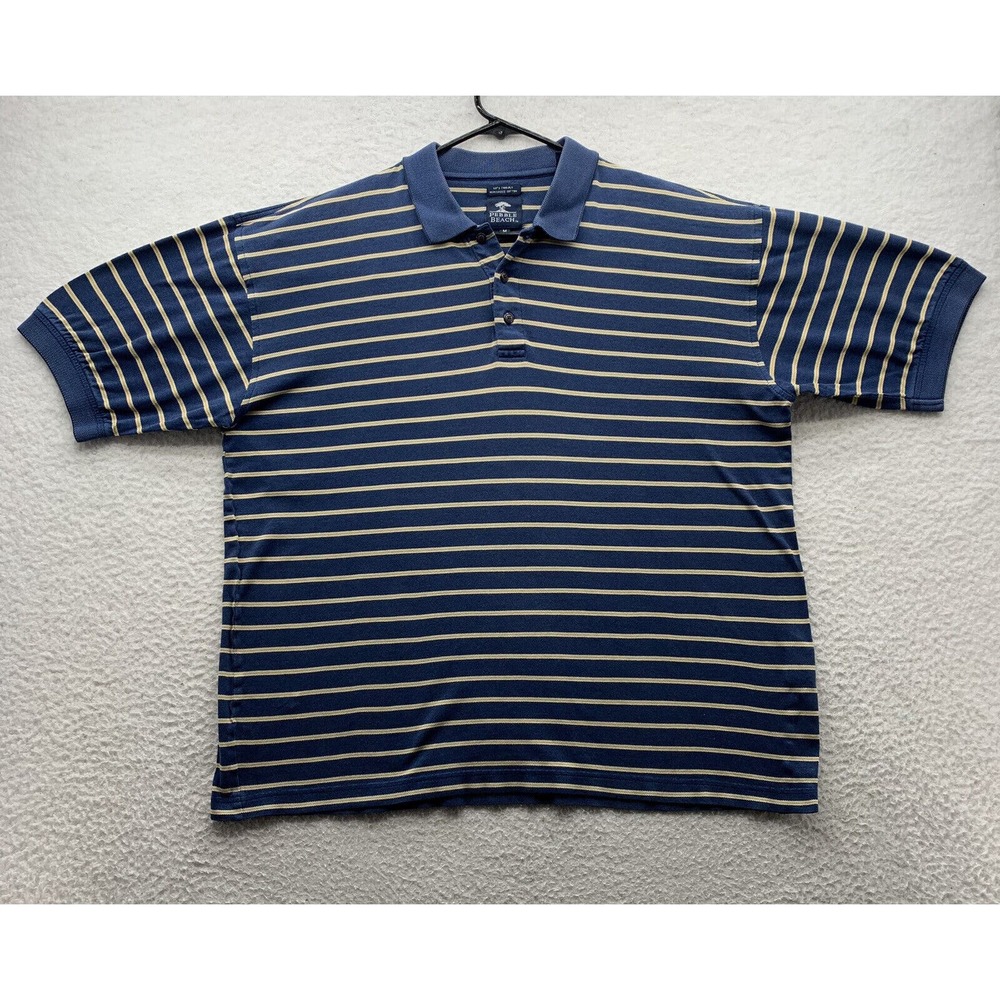 Pebble Beach Golf‎ Polo Shirt Mens Medium M Relaxed Fit Blue Yellow Striped Mesh
